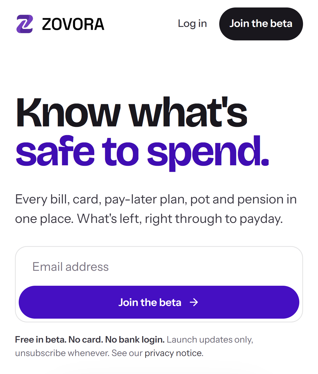 Zovora’s mobile opening: a clear headline, short introduction and beta invitation